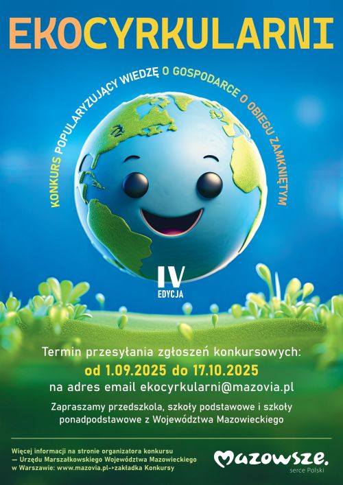 Od połowy do góry na niebieskim tle uśmiechnięty rysunek ziemi, naokoło informacje. Od połowy na dół na zielonym informacje