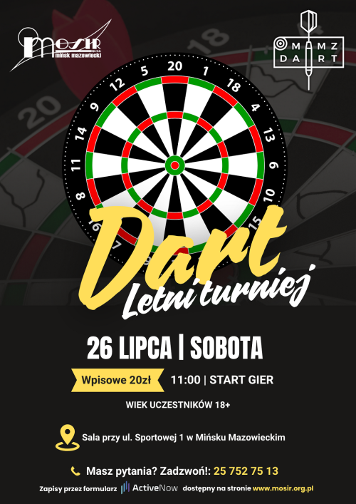 Na czarnym inforamcje. Po środku tarcza do darta