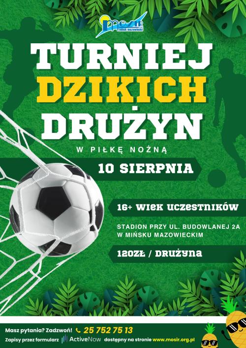 Na zielonym tle informacje. Po lewej piłka nożna w siatce