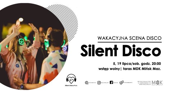 Po prawej na białym tle informacje. Po lewej w kole tańczące osoby w kolorowych słuchawkach