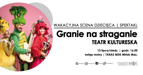 Po lewej w kole dwie kobiety i mężczyzna w przebraniu kolorowych warzyw z instrumenatmi i mikrofonem jedna kobieta. Po...