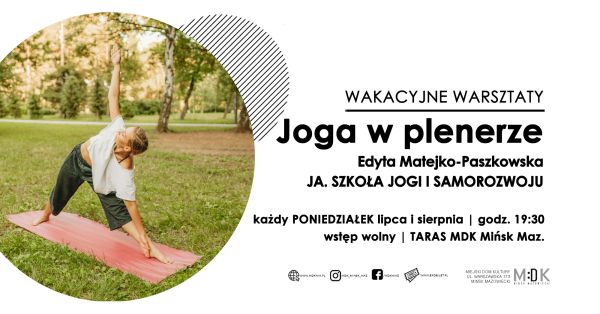 Po lewej w kole dzień, na trawie leży mata. na niej kobieta w pozycji bocznego skłonu, jedna dłoń do góry. Po prawej na...