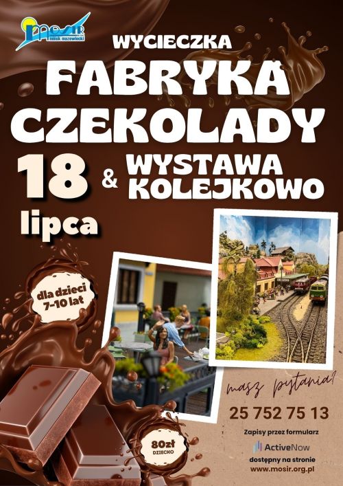 Na brązowym tle informacje. Po środku dwa zdjęcia wystawy kolejek. W lewym dolnym rogu dwie tabliczki czekolady