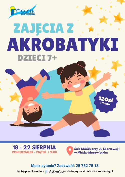 Na jasnym tle rysunki uśmiechniętej dziewczynki i chłopca stojącego na ręku. Naokoło żółte narysowane gwiazdki i informacje