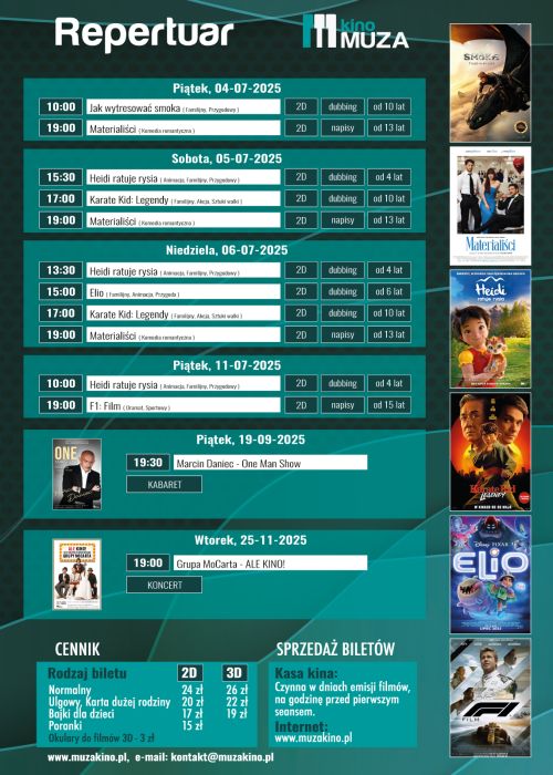 Na ciemno-zielonym tle harmonogram filmów i wydarzeń. Na górze napis repertuar kina Muza, plakaty filmowe po prawej