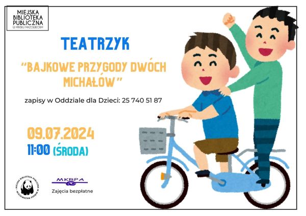 Na jasnym tle infrmacje. Po prawej rysunek dwoch usmiechniętych chłopców na rowerze