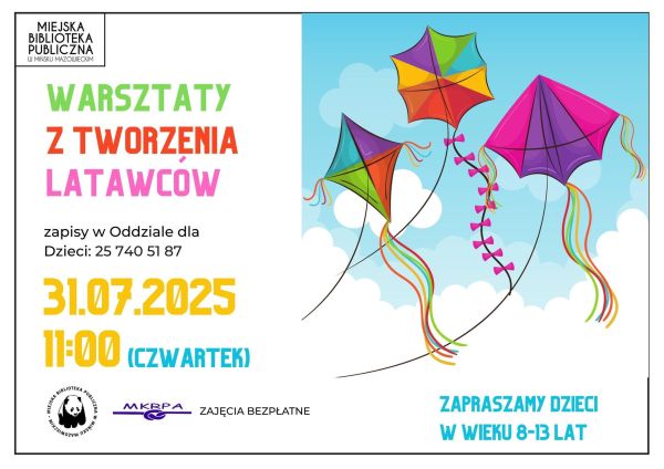Na białym tle kolorowe informacje. Po prawej kolorowe, namalowane trzy latawce na tle nieba