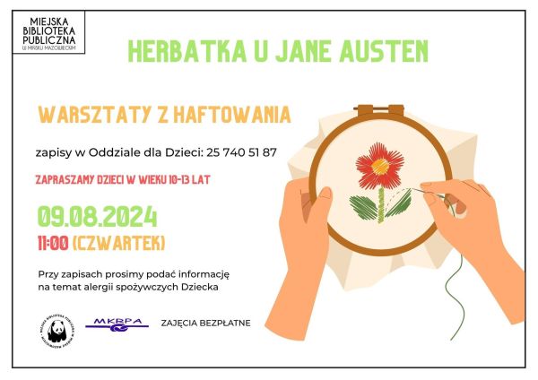 Na białym tle kolorowe informacje. Po prawej rysunek koła do haftowania. Dłonie wyszywają kwiata