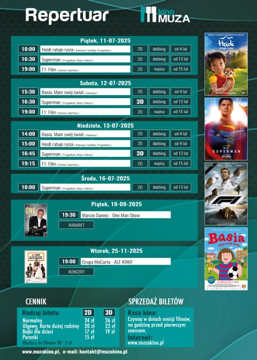 Na ciemno-zielonym tle harmonogram filmów i wydarzeń. Na górze napis repertuar kina Muza, plakaty filmowe po prawej