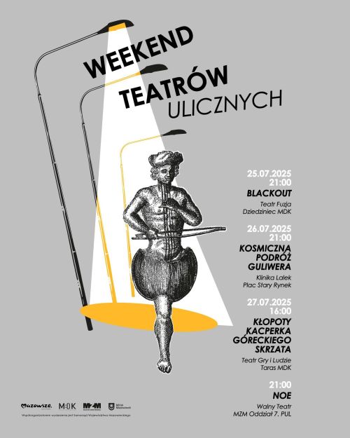 Na szarym tle informacje. Po środku rysunek trzech lamp ulicznych. Jedna rzuca światło. Pod nimi postać w ksztalcie...