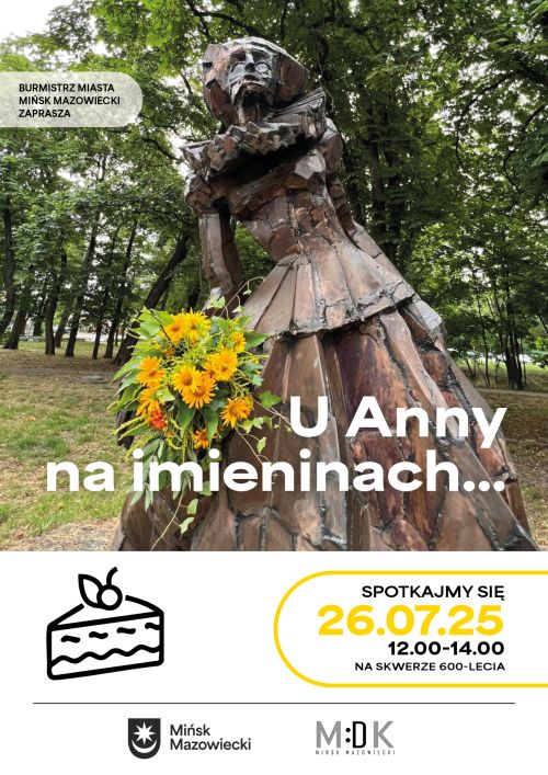 Zdjęcie mosiężnego pomnika kobiety. W dłoni żywe, żółte polne kwiaty. W tle drzewa. Na dole na białym informacje i grafika...