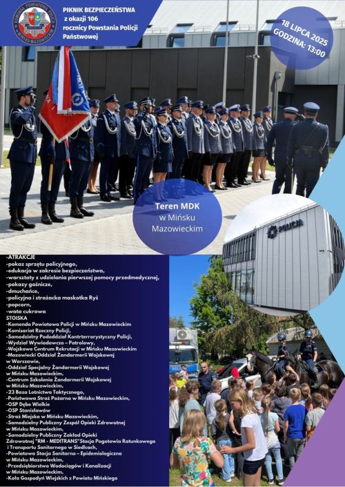 Na górze na dworze Funkcjonariusze Policji w umundurowaniu galowym podczas uroczystości w ciągu dnia. Na dole dzieci na...