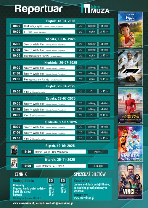 Na ciemno-zielonym tle harmonogram filmów i wydarzeń. Na górze napis repertuar kina Muza, plakaty filmowe po prawej