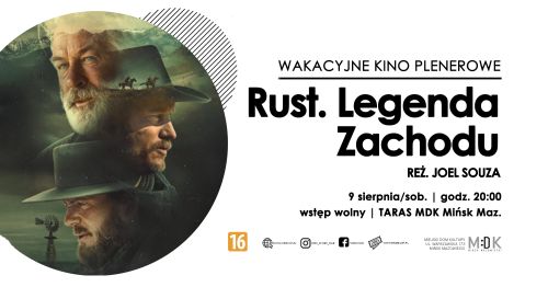 Po prawej na białym tle informacje. Po lewej w kole zdjęcie twarzy trzech kowbojów.