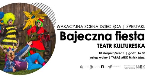 Po prawej na białym tle informacje. Po lewej w kole trzy osoby przebrane za owady.