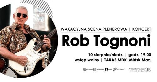 Po prawej na białym tle informacje. Po lewej w kole zdjęcię mężczyzny grającego na gitarze elektrycznej..