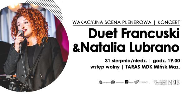Po lewej w kole kobieta w ciemnej marynarce i rudymi kręconymi włosami śpiewa. Po prawej na jasnym informacje