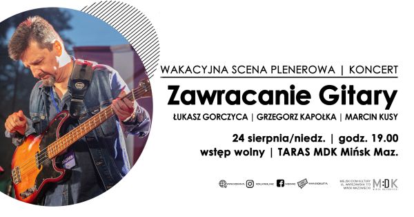 Po lewej w kole mężczyzna z brudką patrzy na zawieszoną na ramieniu gitarę. Po prawej na jasnym informacje