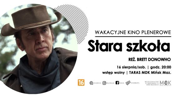 Po lewej w kole mężczyzna w kapeluszu i bandamce na szyi. Po prawej na białym informacje.