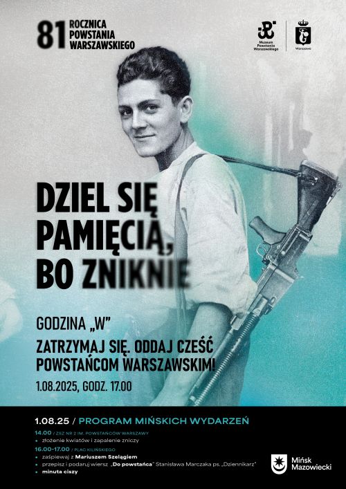 Uśmiechnięty mężczyzna w jasnej koszuli z karabinem na ramieniu. Naokoło na tle błękitno-białym treść. Na dole na czarnym...