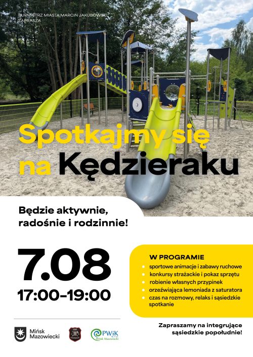 Na górze zdjęcie nowoczesnego placu zabaw z piaskownicą i zjeżdżalniami. Na dole na białym i  żółtym treść