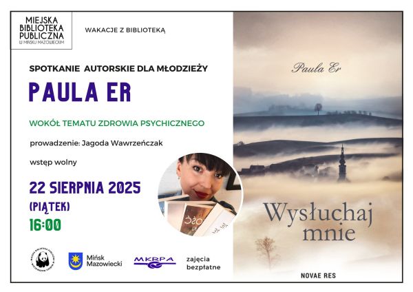 Po lewej na białym treść. Po prawej okładka książki pola i budynki we mgle