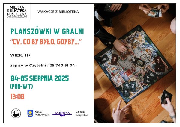 Po lewej na białym treść. Po prawej na podłodze planszówka. Naokoło zarys osób