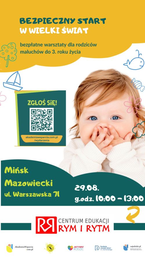 Uśmiechnięty maluch zakrywa usta rączkami. Naokoło na kolorwym tle treści. Na dole loga