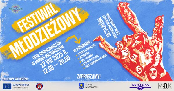 Duża grafika w kształcie dłoni pokazującej znak „V” złożona z czerwono-białych sylwetek młodych ludzi. Na niebieskim tle...