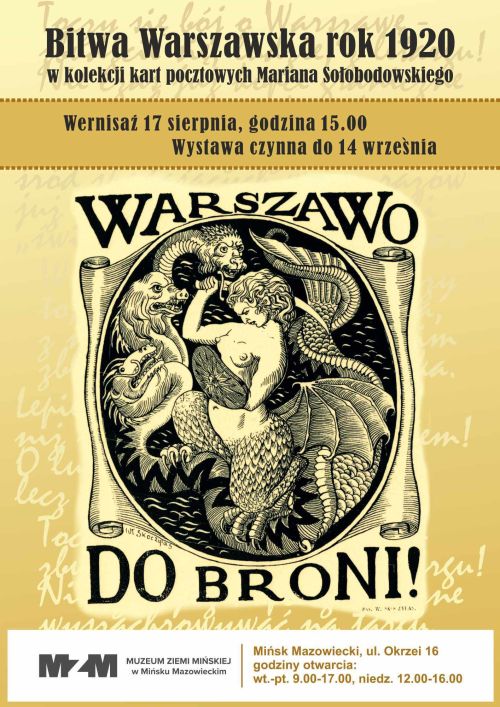 Na żółtym tle treść. Po środku syrena warszawska w stylizowanej grafice z okresu wojny polsko-bolszewickiej. Otoczona jest...