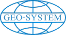 Logo firmy Geo-System w kolorze niebieskim z napisem umieszczonym na tle stylizowanej siatki globu.