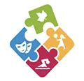 Kolorowe elementy puzzli z ikonami liścia, maski teatralnej, książki i postaci ludzkiej.