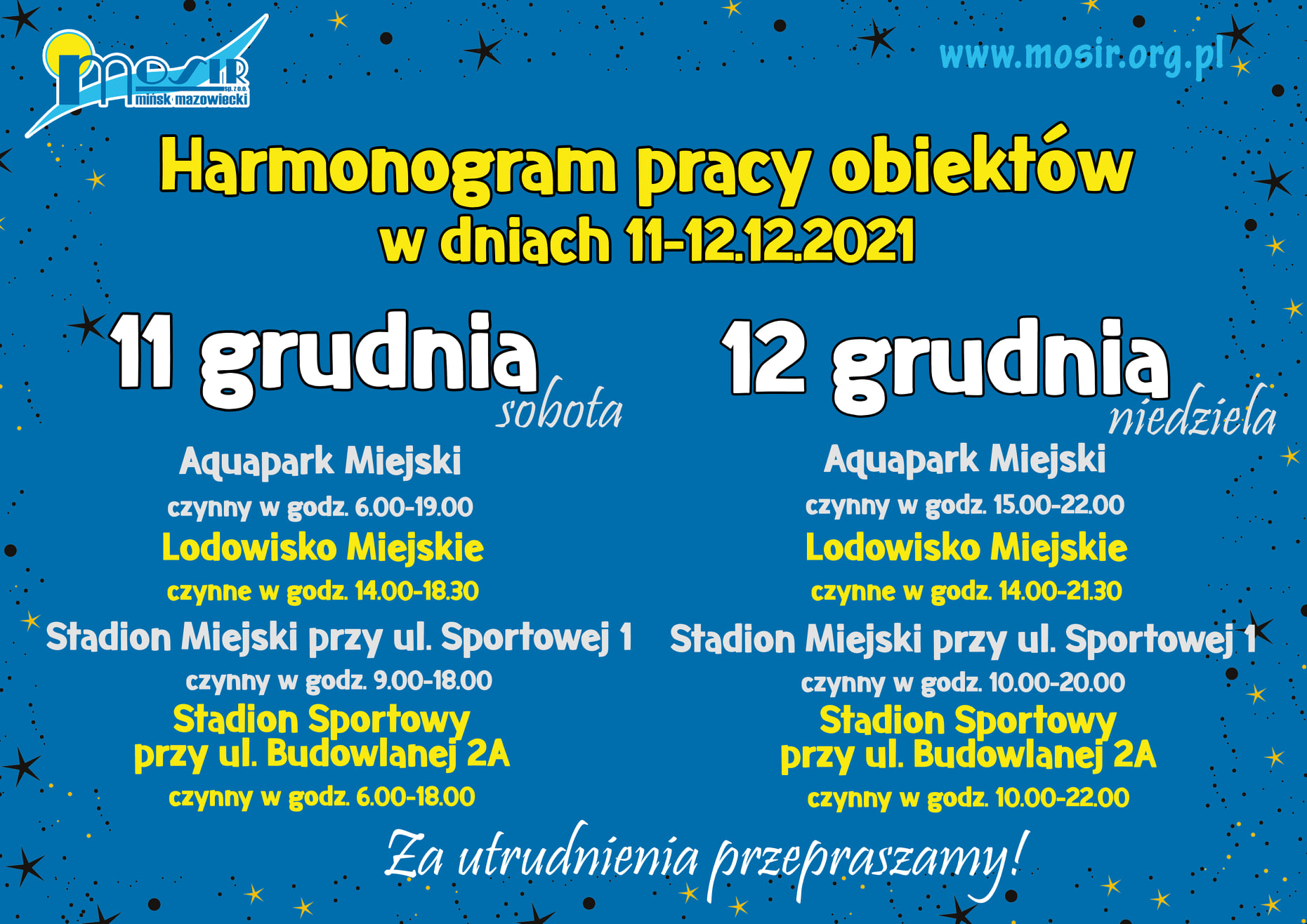 Harmonogram pracy obiektów MOSiR 11-12 grudnia