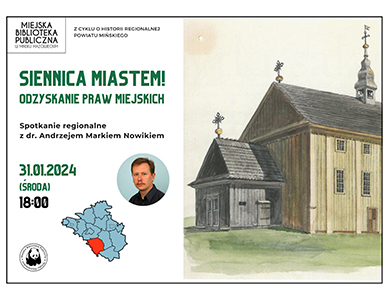 Po prawej rysunek drewnianego kościoła. Po lewej informacje zawarte w treści artykułu