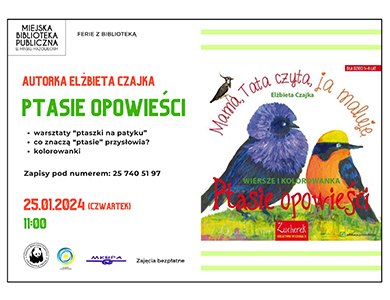 Po prawej okładka książki. Na jasnym tle dwa ptaszki. Tytuł: ptasie opowieści. Mama, Tata czyta, ja maluję. Po lewej informacje