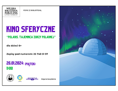 Po prawej stronie rysunek iglo na śniegu na tle zorzy polarnej. Po lewej informacje dotyczące wydarzenia zawarte w artykule