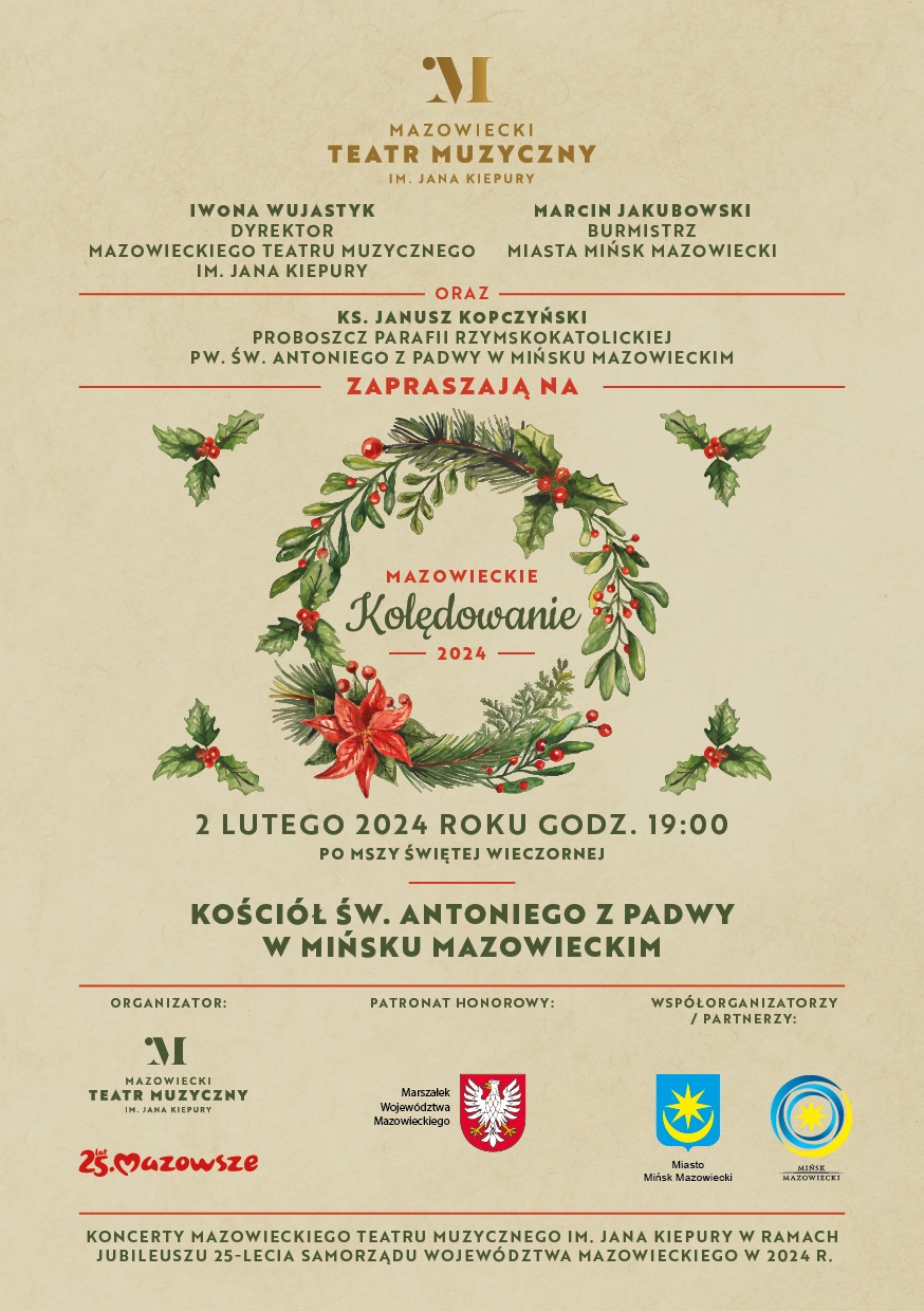 Na beżowym tle wieniec bożonarodzeniowy i logotypy województwa mazowieckiego, miasta i teatru