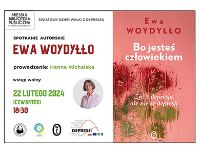 Po prawej różowa okładka książki zarys róż, tytuł Bo jesteś człowiekiem. Po lewej informacje oraz w małym kole zdjęcie kobiety