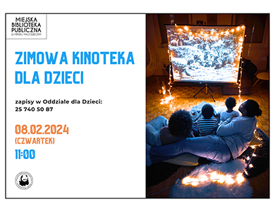 Po prawej cztery osoby leżące na podłodze na poduszkach, oglądają na ekranie film. Na ekranie światełka choinkowe. Po lewej informacje