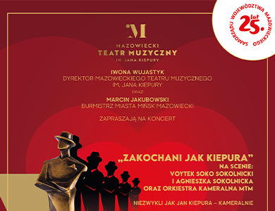 Na czerwonym tle popiersie statuetki mężczyzny w kapeluszu. Za nią pięć zarysów figury.