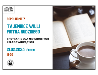 Po prawej stronie zdjęcie filiżanki z kawą, powyżej książka. Po lewej informacje