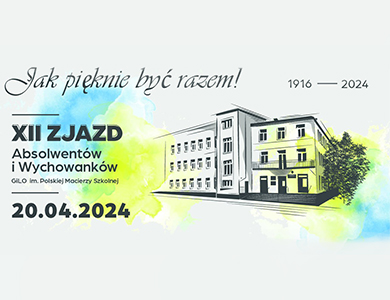 Na szarym tle rysunek szkoły i po prawej stronie drzew. Nakrapiane kolory zółto, niebiesko, zielone. Tytuł główny: "Jak pięknie być razem!"