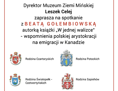 Na białym tle zaproszenie na spotkanie i herby rodzin z opisami, które znajdują się w treści artykułu
