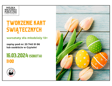 Po prawej na tle szarych desek leży pięć kremowych tulipanów oraz trzy kolorowe pisanki. Po lewej informacje