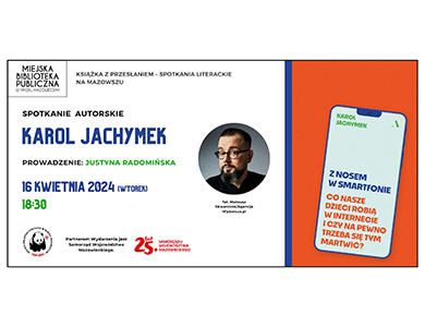 Po prawej na pomarańczowym tle rysunek telefonu komórkowego. Po lewej informacje i w małym kole zdjęcie mężczyzny z okularach