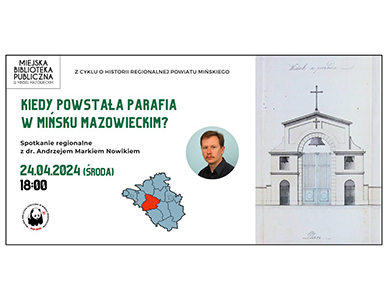 Po prawej zdjęcie wejścia do kościoła. Po lewej mapa z zaznaczonym obszarem powiatu, na środku w kole zdjęcie mężczyzny.