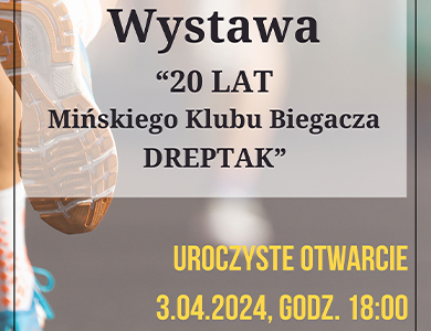 Tekst na tle zdjęcia butów sportowych osoby, która biegnie. Na dole dwa loga.