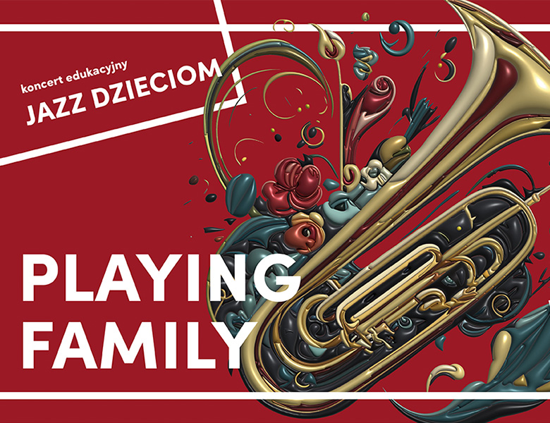 Złota tuba na czerwonym tle, wokół białe napisy. 