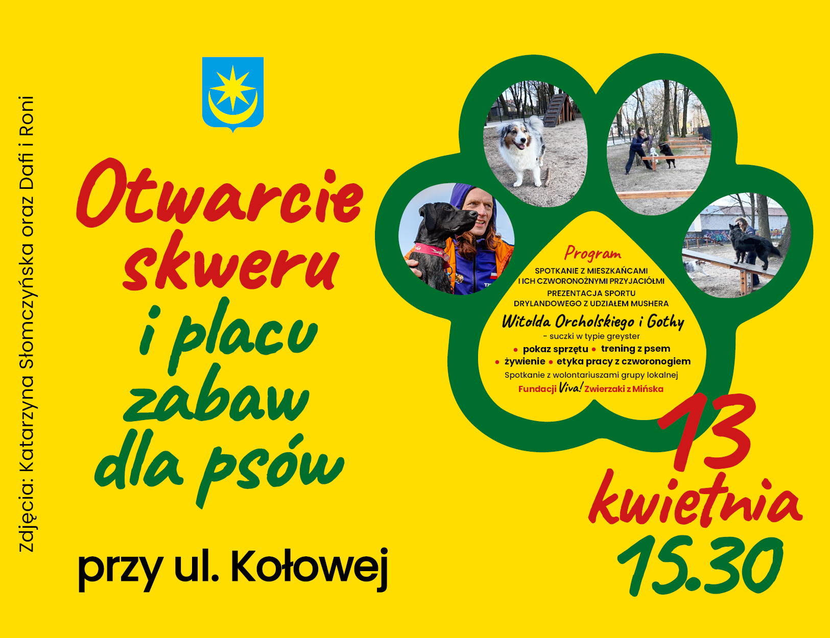grafika zielonej łapy psa na zółtym tle, w środku łapy tekst i zdjecia bawiących się psów.