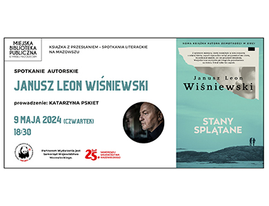 Po lewej informacje znjadujące się w artykule. Po środku w kółku zdjęcie profilowe mężczyzny z zarostem, po prawej okładka książki.